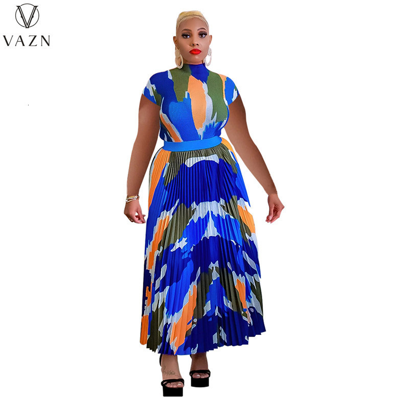 Two Piece Dress VAZN Casual Holiday Style Short Sleeve Round Neck Top Elastic Ankle Length Skirt Printed Lady 2 Piece Sets 230509