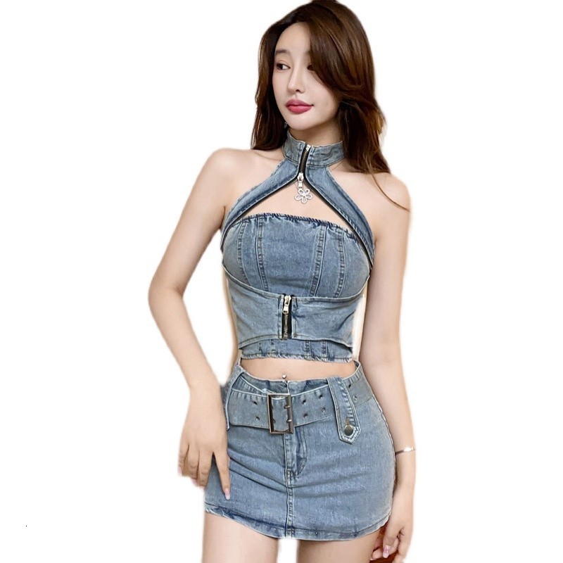 Two Piece Dress Summer Streetwear Denim Two Piece Suit Women Halter Vest Tops Mini Pencil Skirt Chic Female Outfits 230509