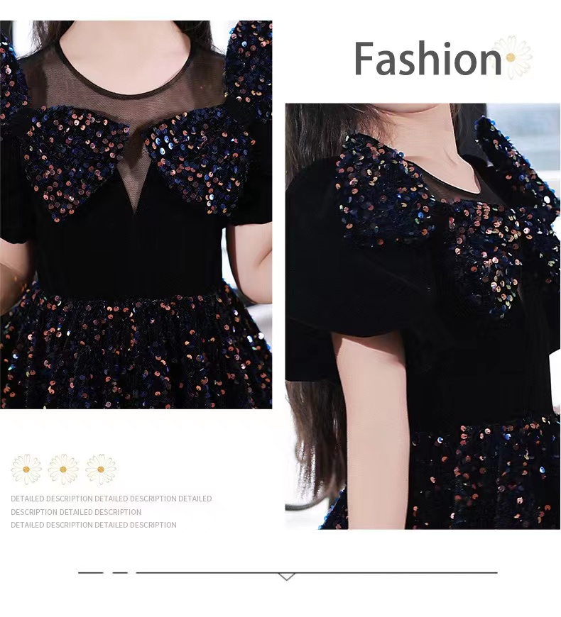 Long Little Girls Pageant Dress Black Sequined Mother And Flower Girl Dresses For Teens Formal Holy Communion Gown Princess Party Gowns With Bow 403