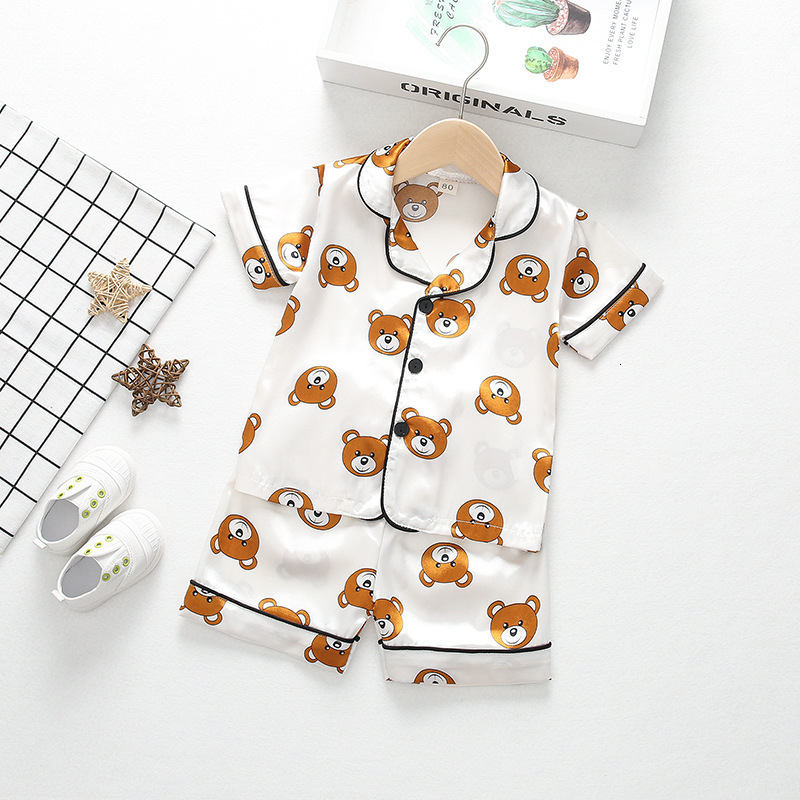 Pajamas Kids Summer Pajama Sets Silk Satin Pajamas Boys Girls Clothing Sets Pyjamas Short Sleeve Blouse TopsShorts 2pc Sleepwears 230509