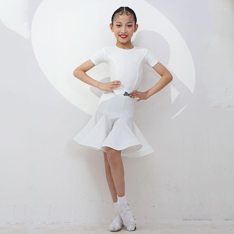 Stage Wear Latin Dance Clothes For Kids Short Sleeve Tops Skirt Practice Professional Competition Dress Samba Outfits DWY6013, White
Stage Wear Latin Dance Clothes For Kids Short Sleeve Tops Skirt Practice Professional Competition Dress Samba Outfits DWY6013, White