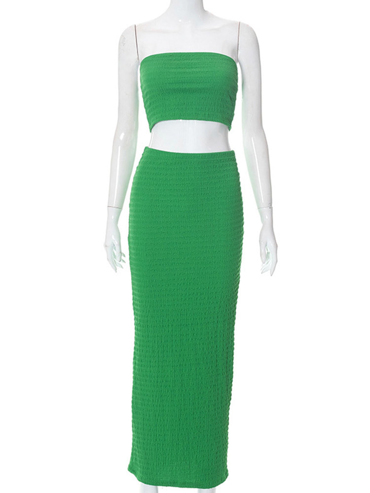 Two Piece Dress Summer Sexy Green Set Women Casual Off The Shoulder Vest Slim Maxi Skirts Matching Sets Solid Ladies Tracksuit 230509