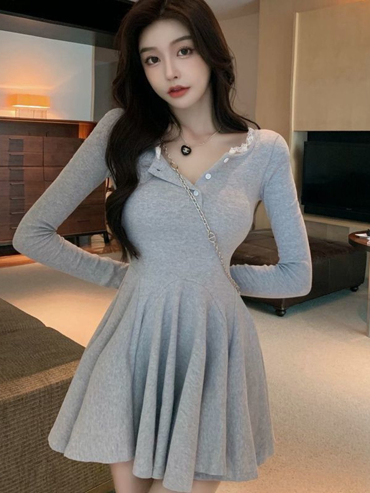 Casual Dresses QWEEK Knitted Black Wrap Dress Women Korean Style Bodycon Lace Long Sleeve Short Dresses Autumn Kpop Outfits Solid 230509