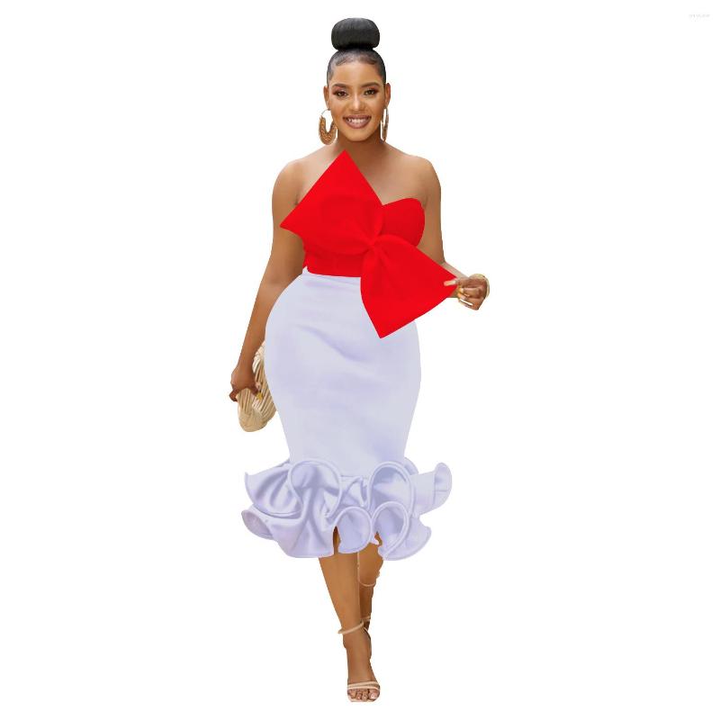 Work Dresses Women Ruffles Appliques Strapless Irregular Bow Crop Tops Bodycon Skirts Two Piece Sets Vestidos Club Party Evening