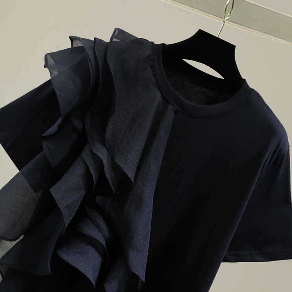 Women's T-Shirt Patchwork Ruffle White Tops For Women O Neck Short Sleeve Casual T Shirt Female Fashion New Clothing 2022 Summer J230506