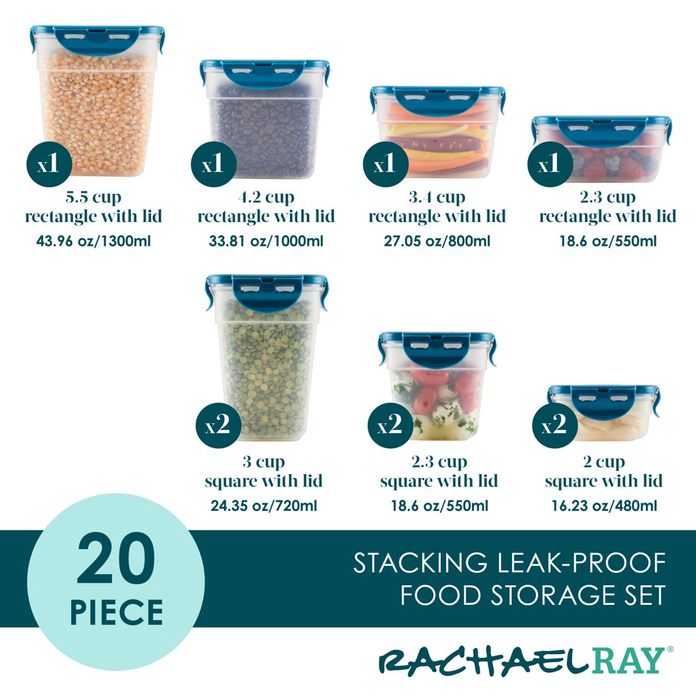 Leak-Proof Stacking Food Storage Container Set, 20-Piece, Teal Lids