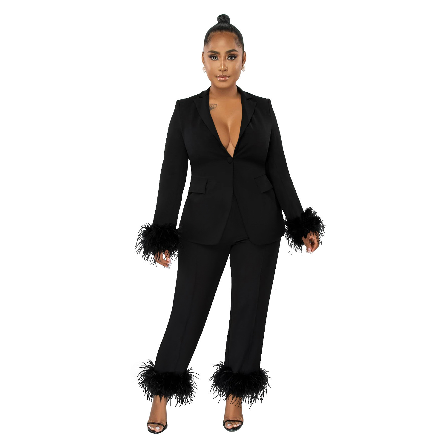Women's Two Piece Pants Fashion Feather Blazer Set Women Solid Color Long Sleeve Coat Straight Suits Female Office Commute Suit 230314
