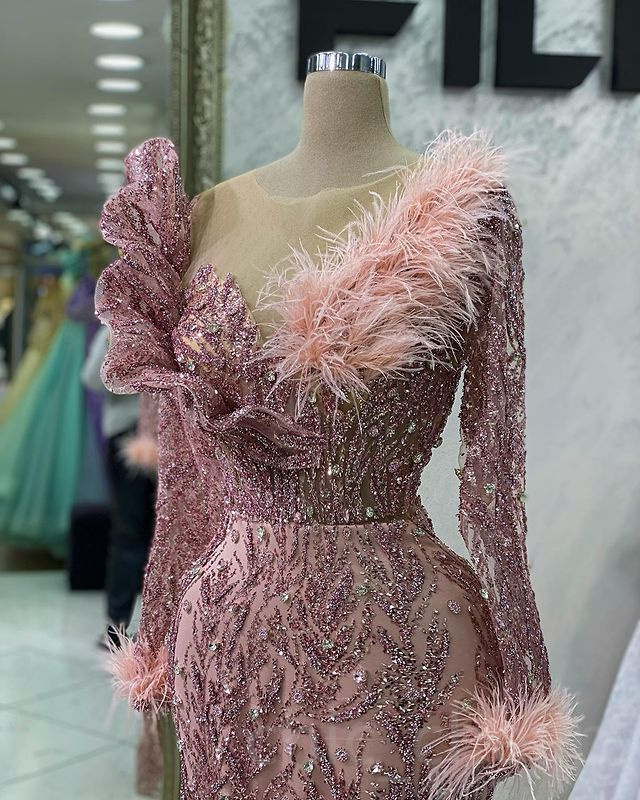 Aso Ebi 2023 Arabic Pink Mermaid Prom Dress Feather Crystals Evening Formal Party Second Reception Birthday Engagement Gowns Dresses Robe De Soiree Sh