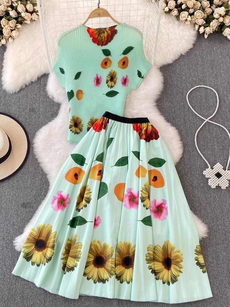 Work Dresses Floral Printed O-neck Ruched Tops Elastic Waist Folds Skirt Casual Two Piece Suits 2023 Summer Tide Beautiful Suit H217, Green
Work Dresses Floral Printed O-neck Ruched Tops Elastic Waist Folds Skirt Casual Two Piece Suits 2023 Summer Tide Beautiful Suit H217, Green