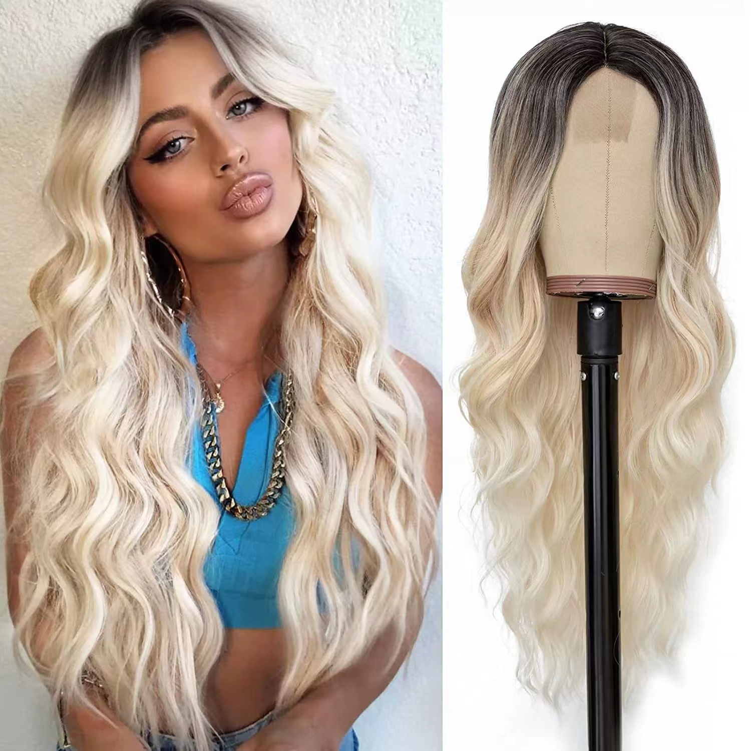 Long Ombre Blonde Wavy Wig for Women 28 Inch Middle Part Curly Wavy Wig Natural Looking Synthetic Heat Resistant Fiber Wig