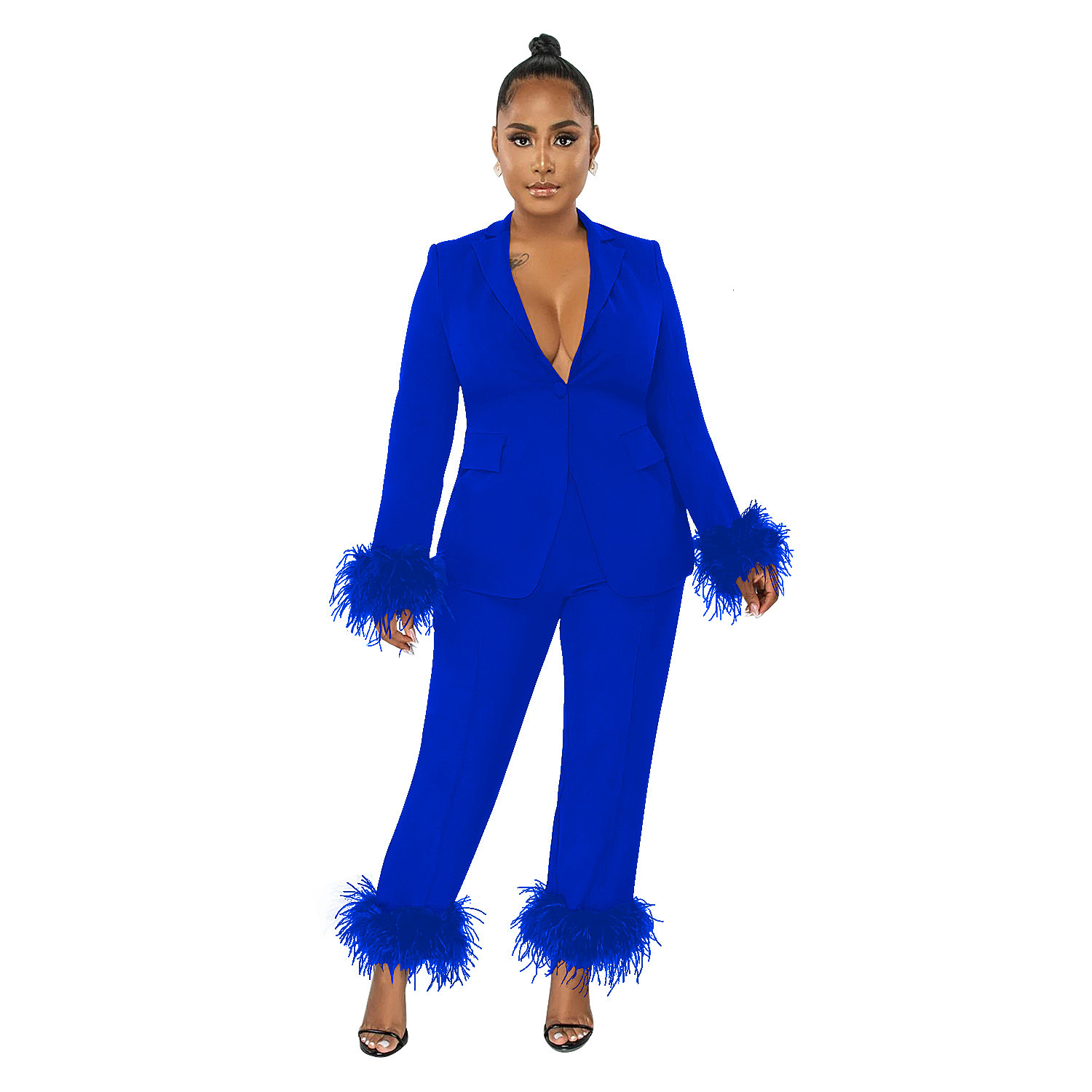 Women's Two Piece Pants Fashion Feather Blazer Set Women Solid Color Long Sleeve Coat Straight Suits Female Office Commute Suit 230314