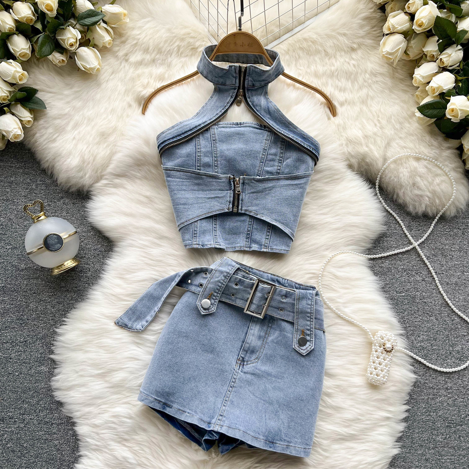 Two Piece Dress Summer Streetwear Denim Two Piece Suit Women Halter Vest Tops Mini Pencil Skirt Chic Female Outfits 230509