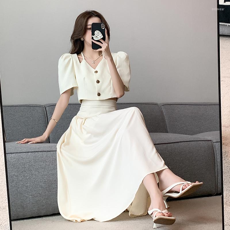Work Dresses Small Fragrant French Halter Puff Sleeve Single Breasted Shirt High Waist Midi Length Skirt Two Piece Set Women Outfit
