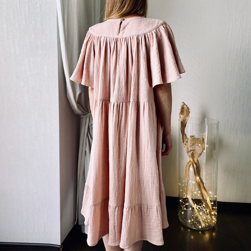 Casual Dresses 100% Cotton Muslin Women'S Dress Casual Retro Ruffles Sundress Holiday Beach Party Dresses Female Summer Clothing 230509