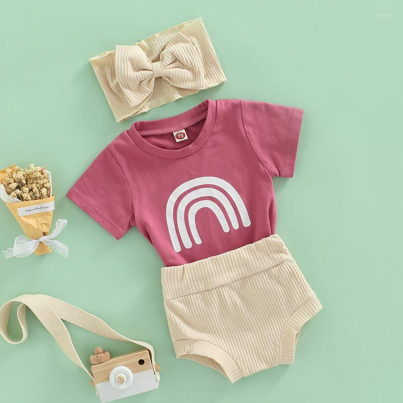 Clothing Sets Infant Girls Three-Piece Outfits Rainbow Print Short Sleeve Round Neck T-Shirt High Waist Ribbed Shorts Decorative Headband
Clothing Sets Infant Girls Three-Piece Outfits Rainbow Print Short Sleeve Round Neck T-Shirt High Waist Ribbed Shorts Decorative Headband