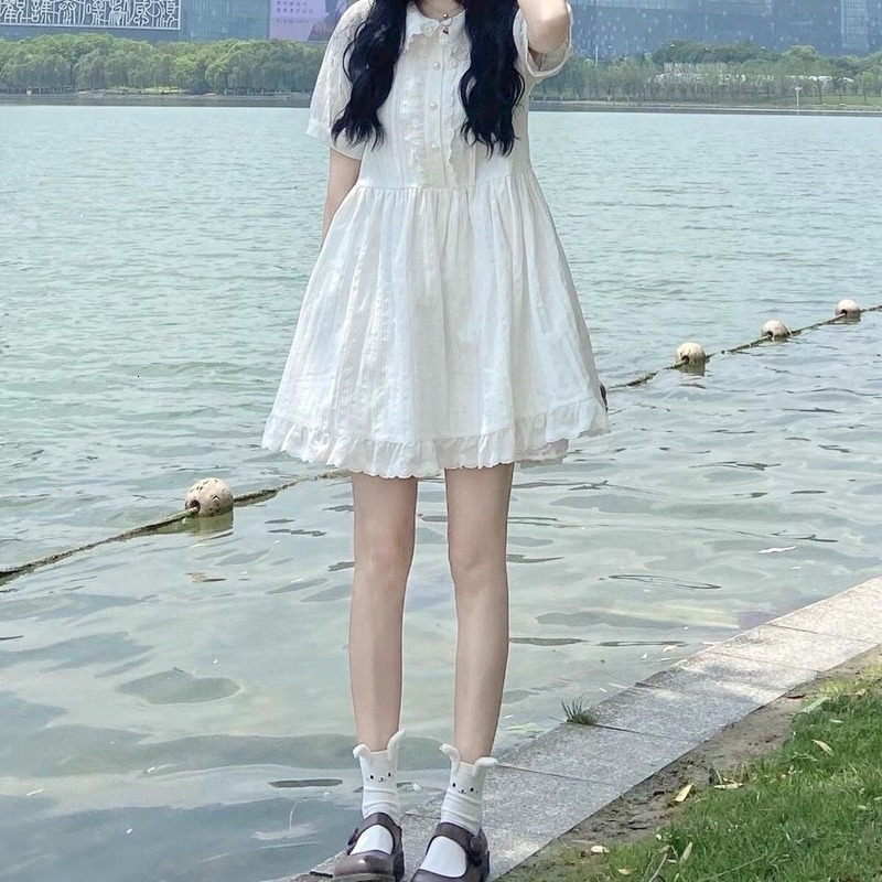 Casual Dresses QWEEK Kawaii White Lolita Dress Women Soft Girl Sweet Princess Ruffle Elegant Dresses Peter Pan Colalr Button Summer 230509