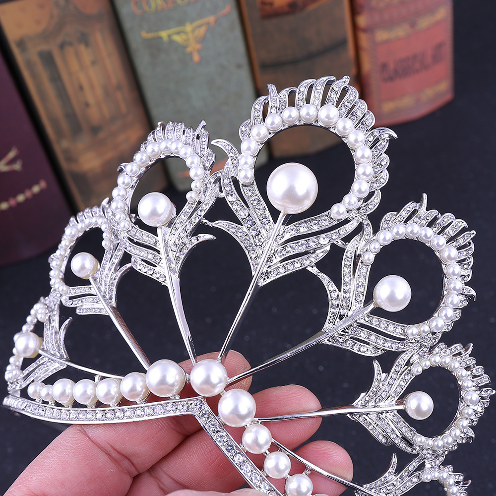 Wedding Hair Jewelry Miss Universe Crown Round Adjustable Pearl cock Feather Tiara Pageant Prom Crowns CZ Coroa Novia Bijoux Cheveux 230508
