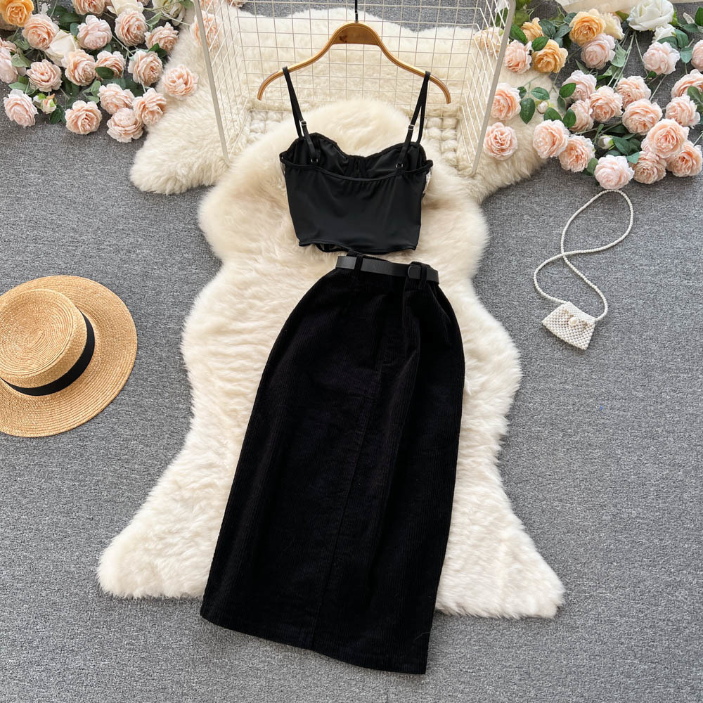Two Piece Dress Temperament Black Suit Womens Gauze Lace Suspender Strapless Top Corduroy Skirt TwoPiece Set 230509