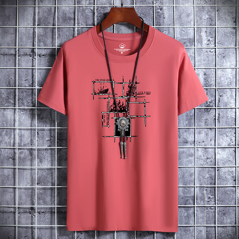 Men's T-Shirts Quadrilateral Lattice Printing 100% Cotton Men T Shirt Hip-Hop Cotton T-shirt O-neck Summer Male Causal Tshirts Fashion Loose 2305
