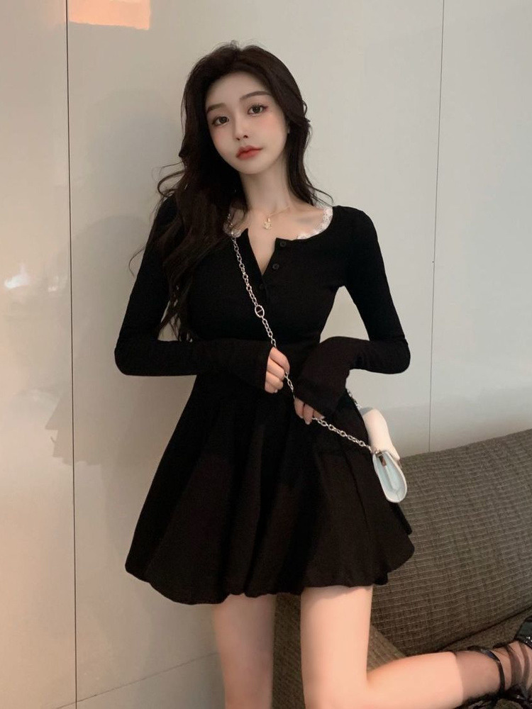 Casual Dresses QWEEK Knitted Black Wrap Dress Women Korean Style Bodycon Lace Long Sleeve Short Dresses Autumn Kpop Outfits Solid 230509