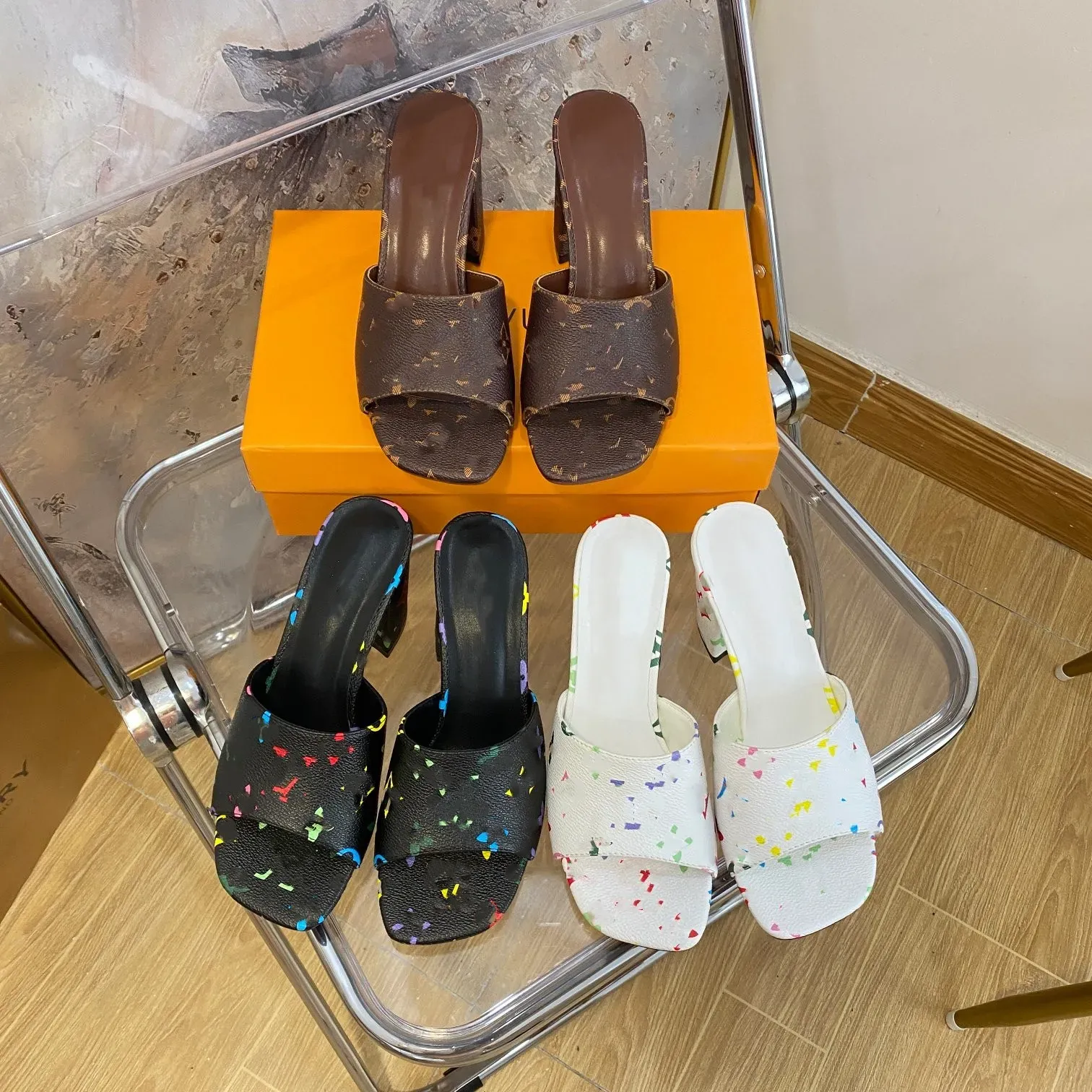 Women Sandals Vintage Monograms Multicolor Leather Slippers High Block Heels Slip On Slides Lady Paris Heeled Slides Party Dress Shoes Loafer, White
Women Sandals Vintage Monograms Multicolor Leather Slippers High Block Heels Slip On Slides Lady Paris Heeled Slides Party Dress Shoes Loafer, White
