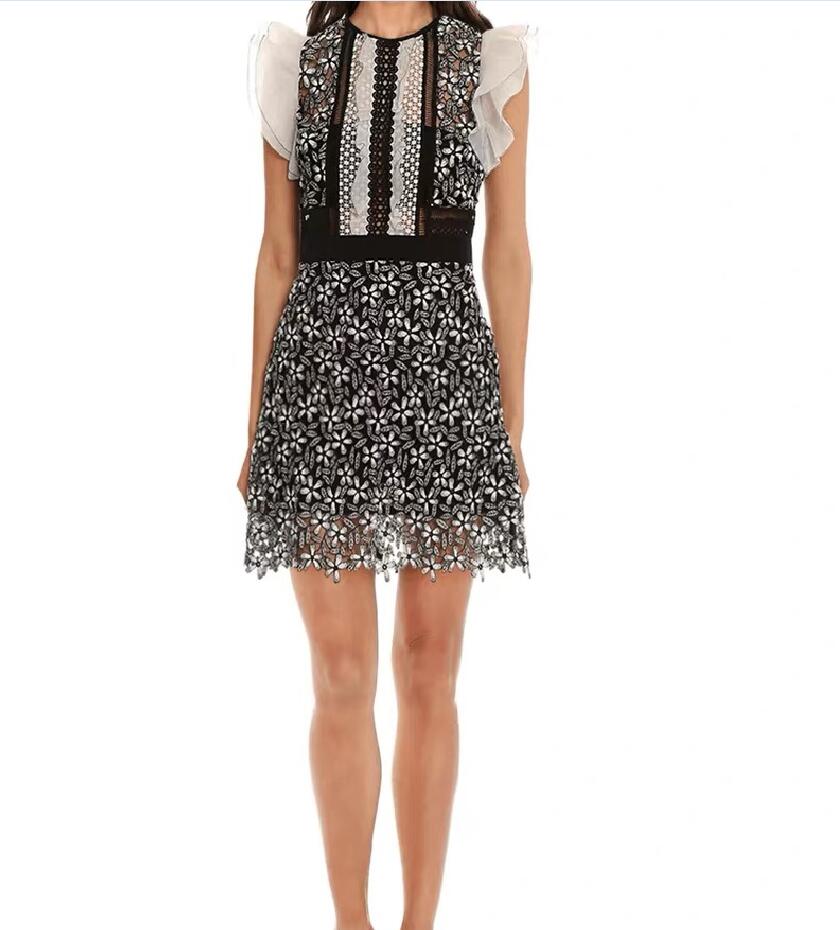 se-lf-p-t Summer Hollow Water Soluble Lace Round Neck Flying Sleeves Slim Dress