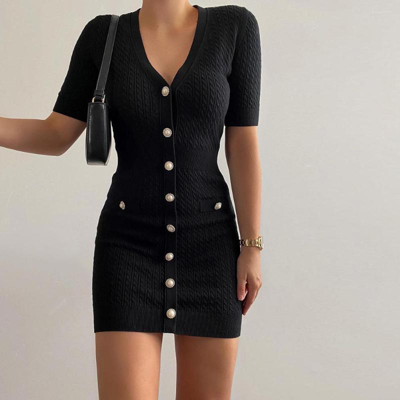 Casual Dresses Knitted Dress Women Black V-Neck Slim Buttons Sweater Short Sleeve Bodycon Sexy Mini Vestidos Female Clothes Spring 2023
Casual Dresses Knitted Dress Women Black V-Neck Slim Buttons Sweater Short Sleeve Bodycon Sexy Mini Vestidos Female Clothes Spring 2023