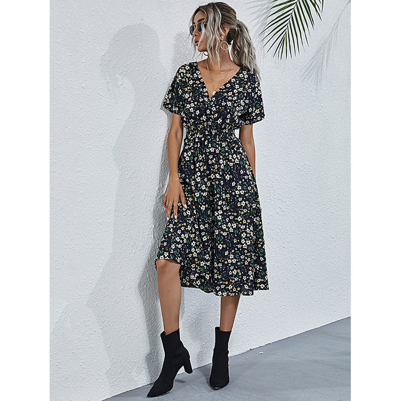 Casual Dresses Chiffon Dress Summer Dress Retro Yellow Red Floral Print Female Casual V-neck Short-sleeved A-line Beach Long Robe Dress 230509