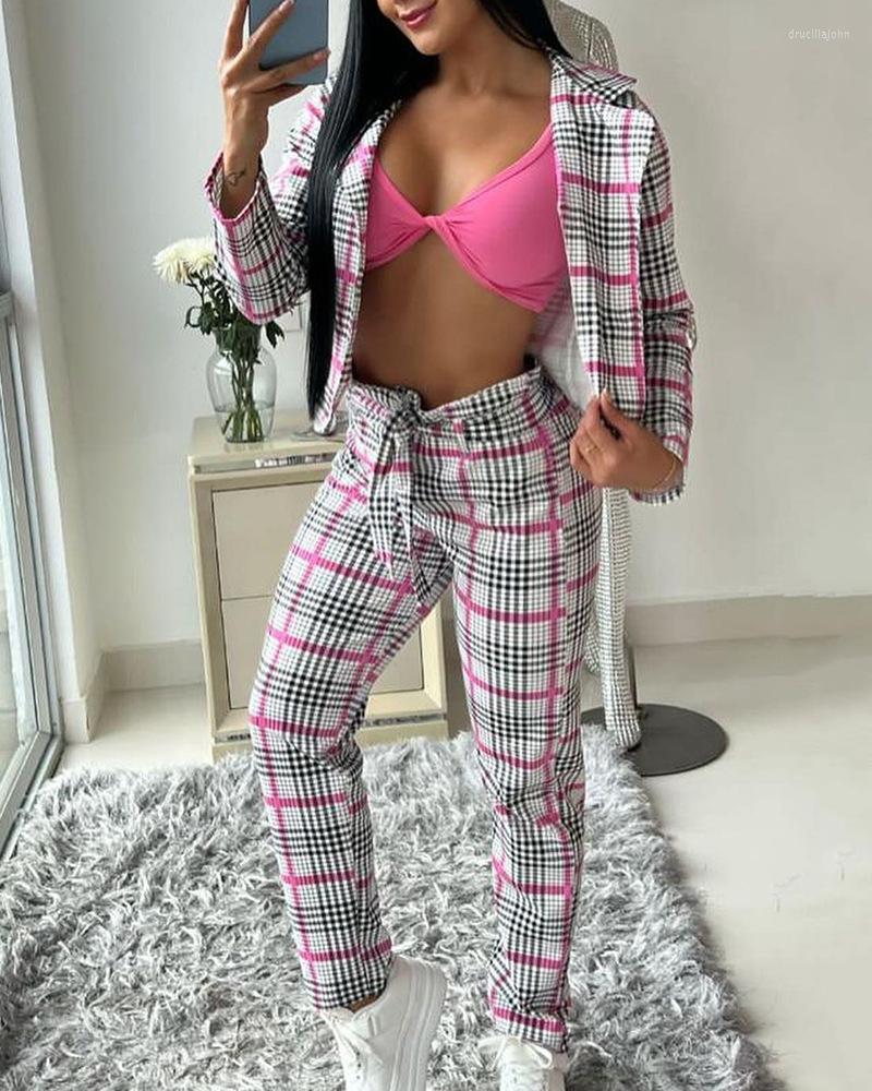 Women' Two Piece Pants Women Suit Pink Plaid Long Sleeve Collar Top With Waist Straight Fashion Casual Commuter Temperament Two-piece
Women' Two Piece Pants Women Suit Pink Plaid Long Sleeve Collar Top With Waist Straight Fashion Casual Commuter Temperament Two-piece