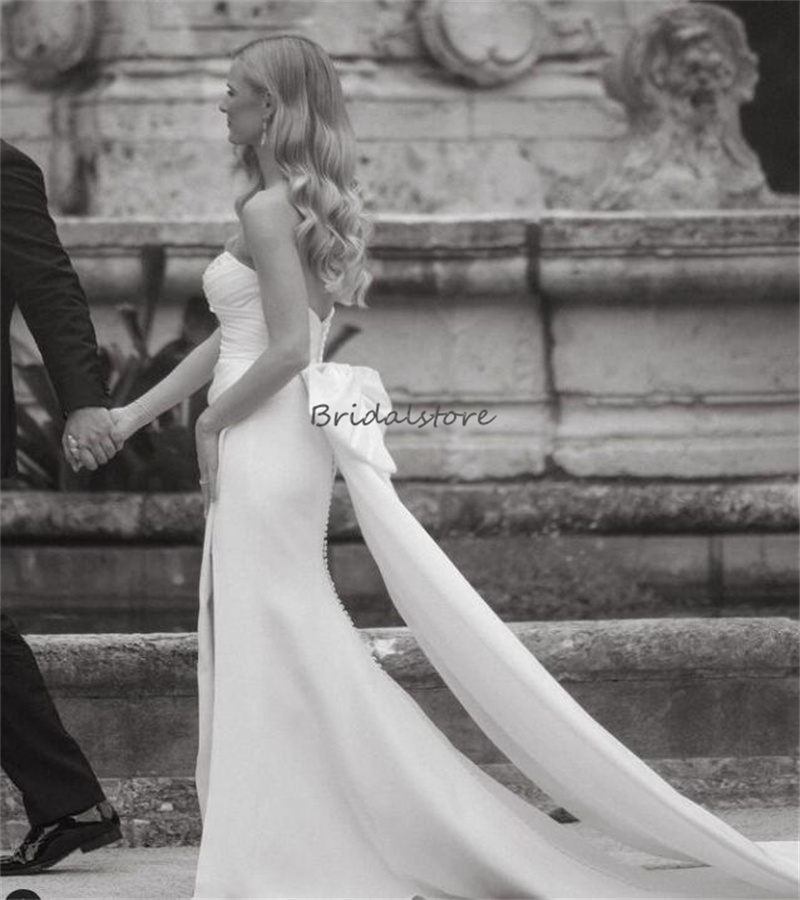 Chic Boho Mermaid Wedding Dress With Bow Sexy Strapless Soft Satin Bohemain Bridal Gowns Elegant Japanese Korean Rack Bride New robe mariee Femme vest