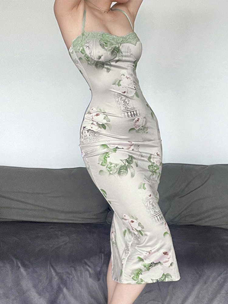 Party Dresses Summer Soft Printed Back Slit Dress Woman Fashion Sleeveless Backless Slim Midi Vestidos Female Elegant Bodycon 230508