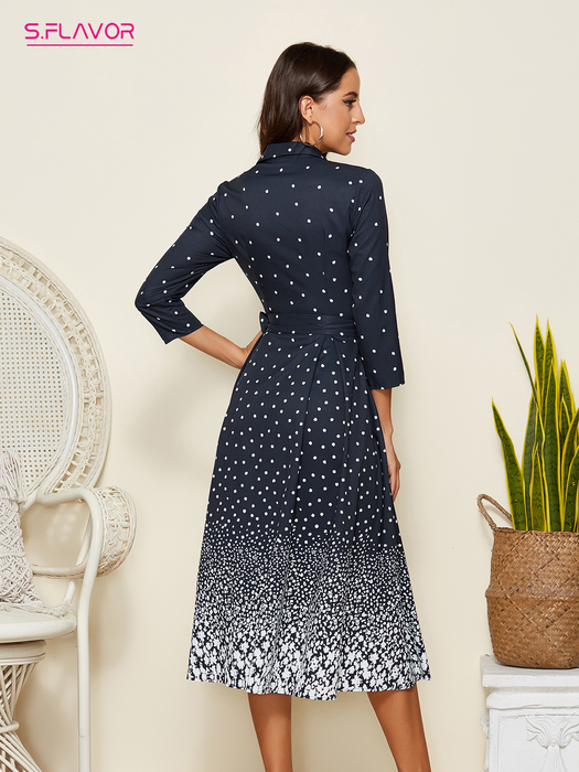 Casual Dresses S.FLAVOR Single Button Star Print Gradual Midi Dresses For Women Elegant 3/4 Sleeve Slim Retro A-line Vestidos 230509
