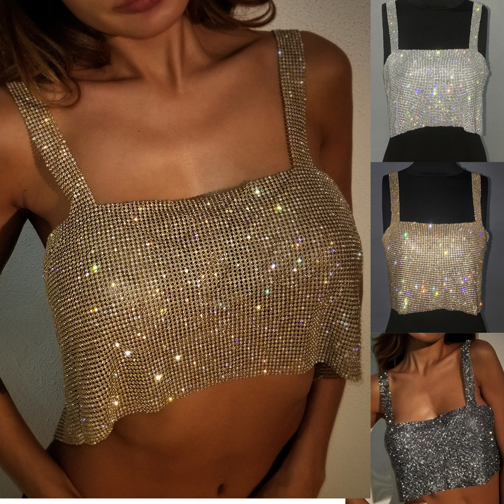 Camisoles Tanks Summer Sexy Sequined Sleeveless Slashneck Adjustable Tank Top Lady Club Crystal Chainmail Crop Tops 230508