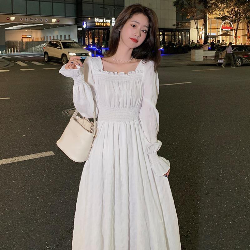 Casual Dresses HOUZHOU White Elegant Dress Women Square Collar Long Sleeve Dresses Vintage Autumn Fairy Robe Korean Fashion Outfits 230509