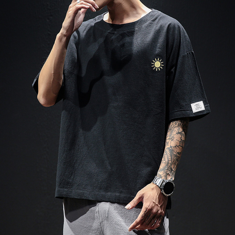 Men's T-Shirts Summer Men's Short-Sleeved T-shirt Cotton and Linen Casual Men's T Shirts Male Breathable Loose Hip Hop Embroidery Top T