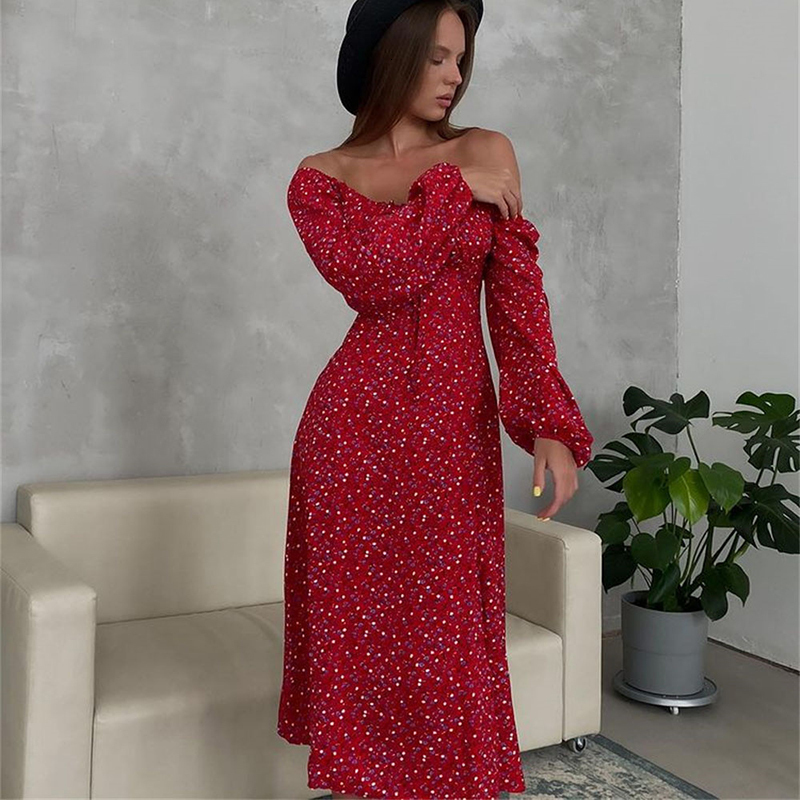 Casual Dresses European Style Slash Neck Floral Bandage Women Dress Ankle-Length Split High Waist Sexy Full Sleeve Lantern Vintage Long Skirt 230509