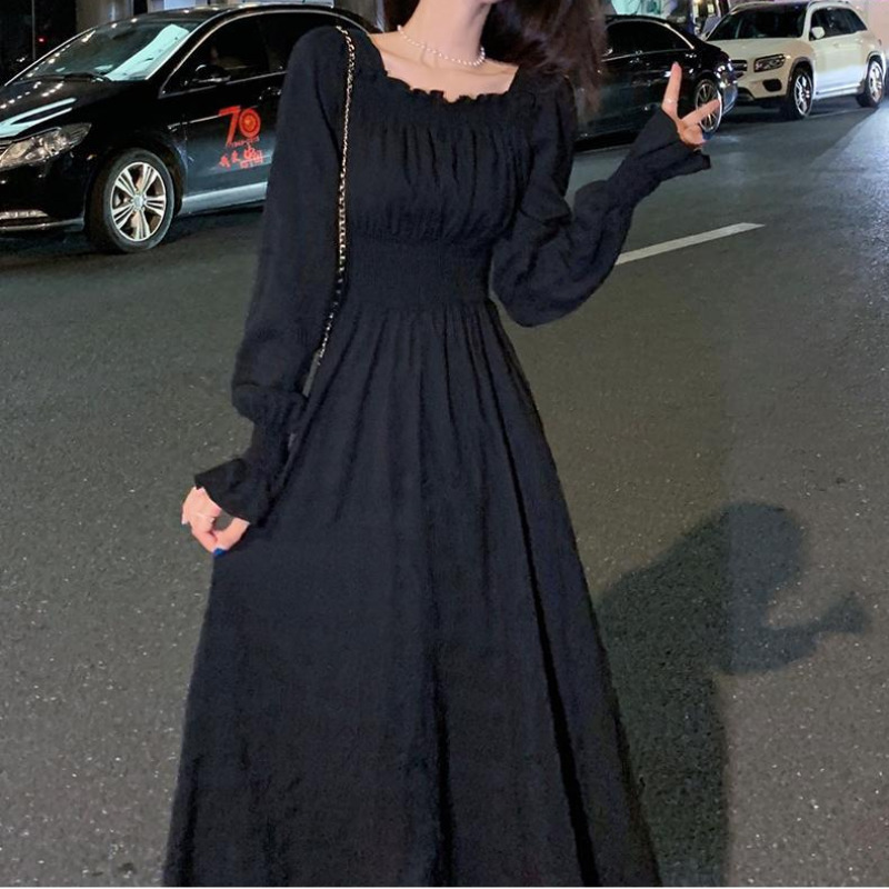 Casual Dresses HOUZHOU White Elegant Dress Women Square Collar Long Sleeve Dresses Vintage Autumn Fairy Robe Korean Fashion Outfits 230509