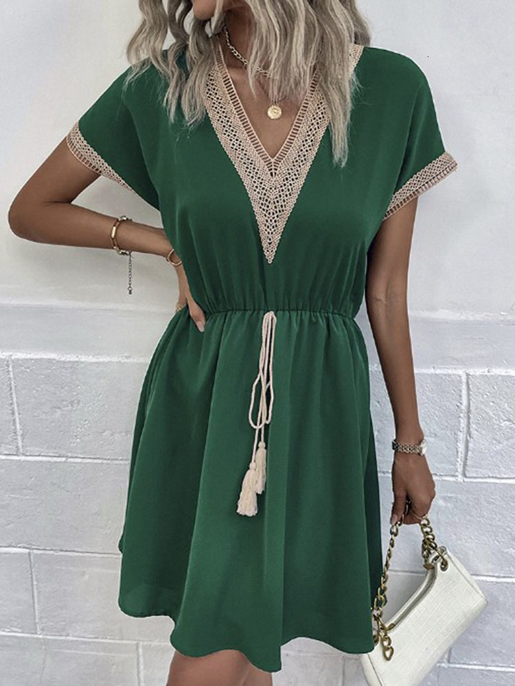 Casual Dresses Women's Dresses Summer Fashion Lace Stitching V Neck Loose Lace Up Bohemian Vacation Woman Basic Short Sleeved Vestidos 230509
