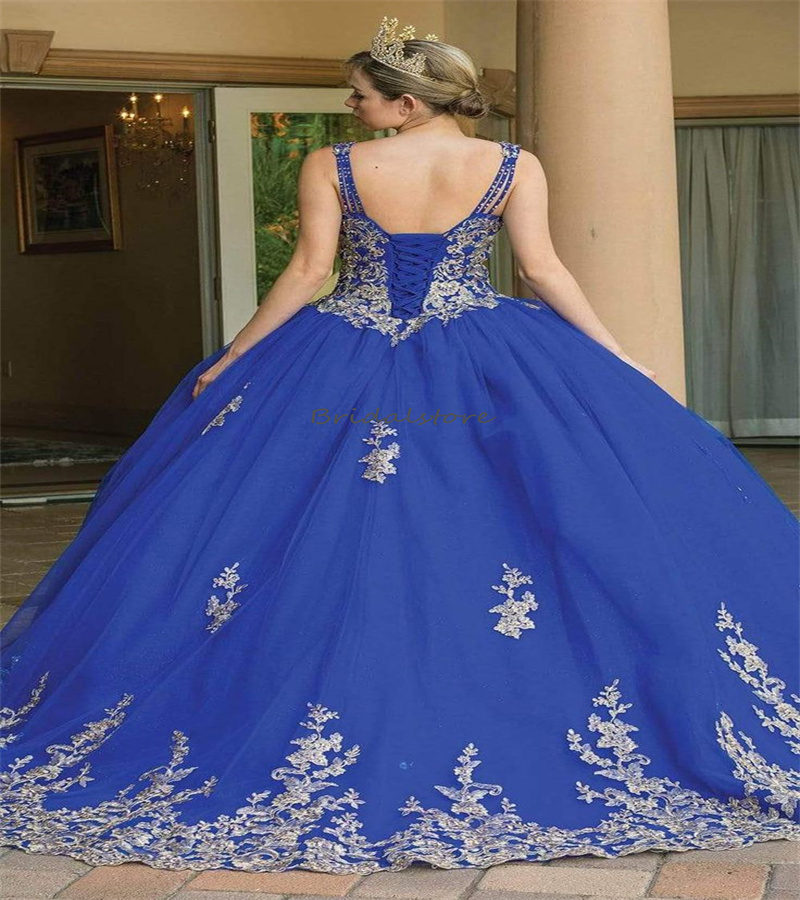 Princess Blue Quinceanera Dresses 2023 Sweet 15 Years Old Prom Dress Spaghetti Straps Appliques Lace Dance Formal Pageant Gowns Sweet 16 Birthday Wear
