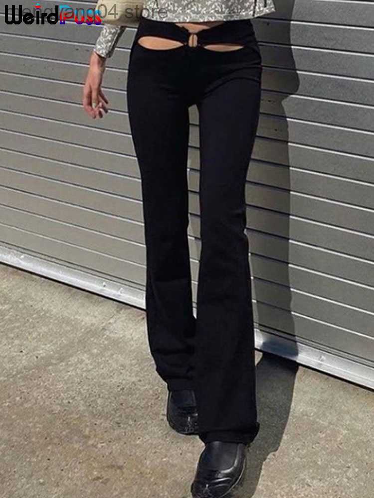 Women's Pants Capris Puss Hollow Low Waist Y2K Pants Chic Harajuku Women Streetwear 2022 Trend Summer Flare Pants Skinny Elastic Long Trousers T2