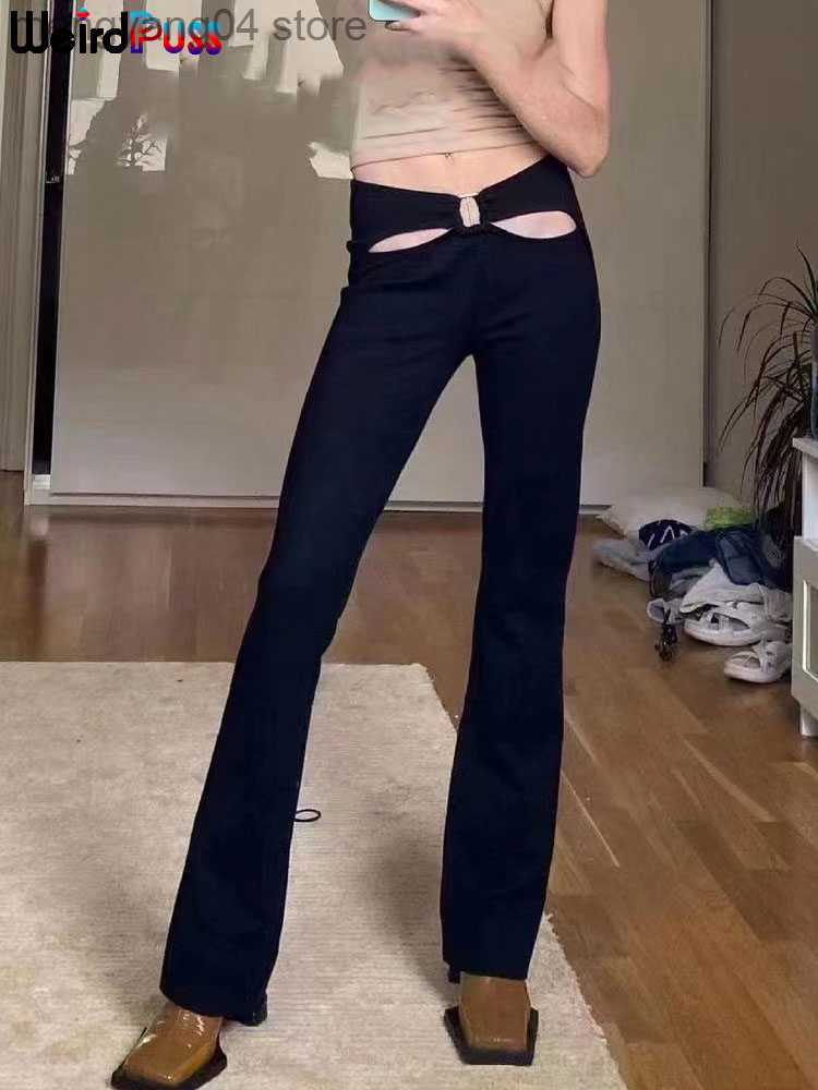 Women's Pants Capris Puss Hollow Low Waist Y2K Pants Chic Harajuku Women Streetwear 2022 Trend Summer Flare Pants Skinny Elastic Long Trousers T2