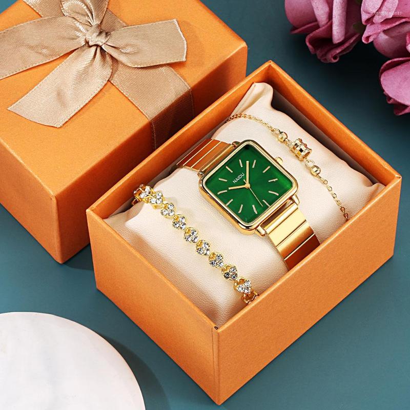 Wristwatches Luxury Women Watch Rectangle Green Dial Gold Stainless Steel Band Fashion Bracelet Quartz Watches Set With Box Gift For Ladies, Womens gifts13