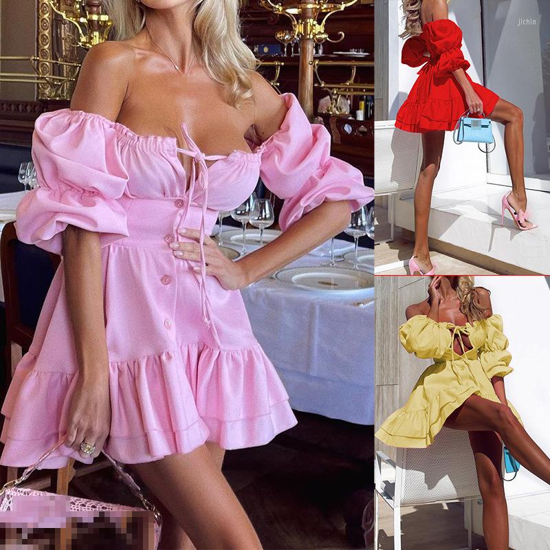 Casual Dresses Women Dress Sexy Backless Puff Sleeves Nightclub Mini Solid Color Cascading Ruffles Skirt Ladies Elegant Party