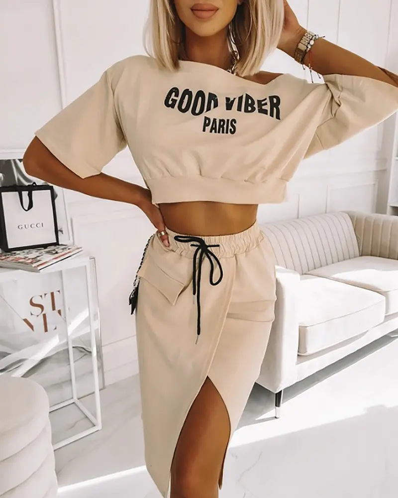 Two Piece Dress Elegant Womens Set Combination Tshirt Skirts Summer Fashion Sexy Short Sleeve Tops TeesSkirt Pieces Suits SXXXL 230509, Khaki
Two Piece Dress Elegant Womens Set Combination Tshirt Skirts Summer Fashion Sexy Short Sleeve Tops TeesSkirt Pieces Suits SXXXL 230509, Khaki