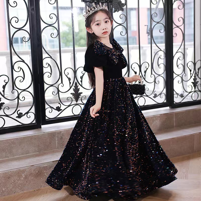 Long Little Girls Pageant Dress Black Sequined Mother And Flower Girl Dresses For Teens Formal Holy Communion Gown Princess Party Gowns With Bow 403