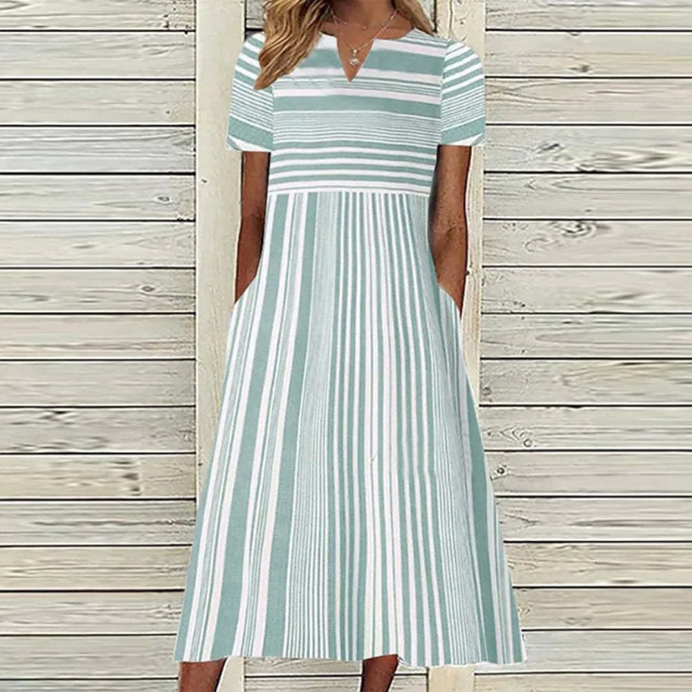 Casual Dresses Vintage Boho Stripe Print Women Sundress Summer Fashion V-Neck Short Sleeve Dress Elegant Ladies Midi Dress Femme Vestidos 230509