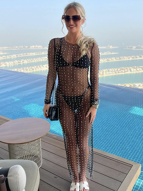 Party Dresses Zenaide See Through Mesh Dress Diamonds Pearl Long Sleeve Summer Sexy Bodycon Maxi Women Y2K Club Beach Cloth 230508