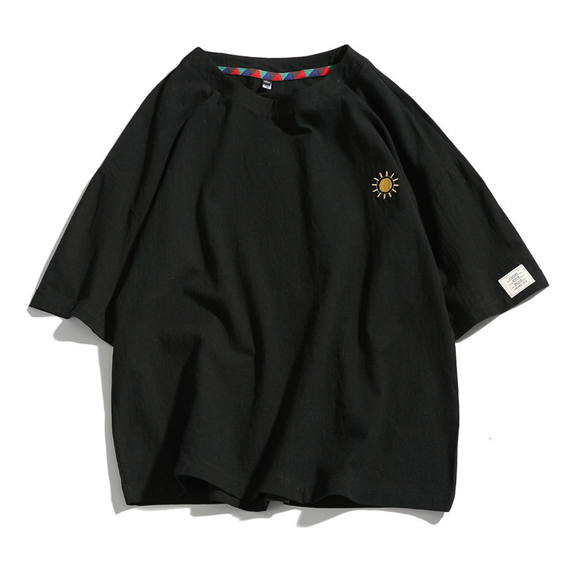 Men's T-Shirts Summer Men's Short-Sleeved T-shirt Cotton and Linen Casual Men's T Shirts Male Breathable Loose Hip Hop Embroidery Top T