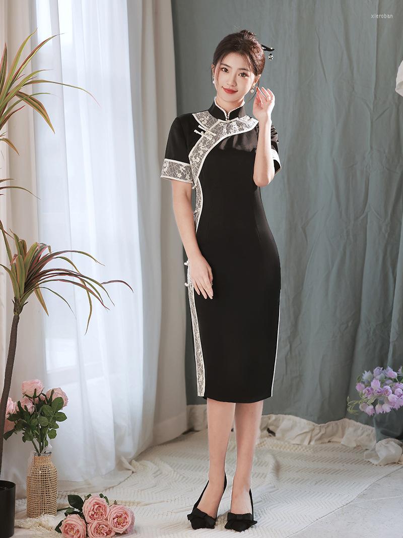 Ethnic Clothing Fashion Improved Black Satin Beading Cheongsam Short Sleeve Vintage Women Costumes Modern Mandarin Collar Lace Qipao
Ethnic Clothing Fashion Improved Black Satin Beading Cheongsam Short Sleeve Vintage Women Costumes Modern Mandarin Collar Lace Qipao
