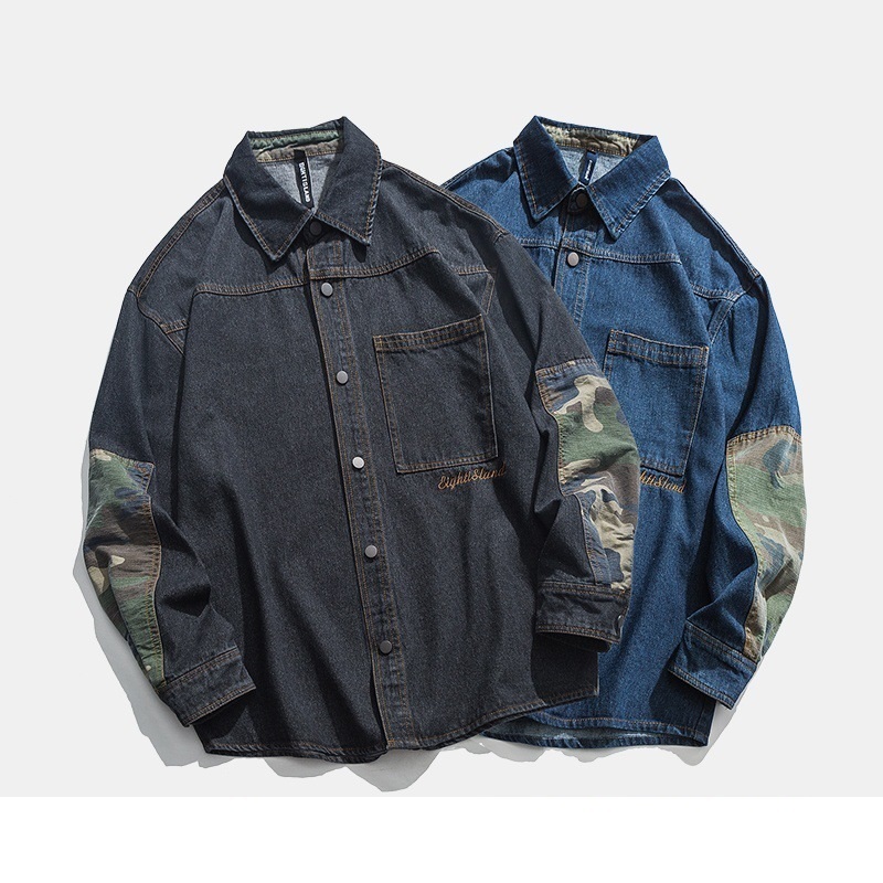 Men's Jackets Men's Fashion Camouflage Patchwork Denim Shirt Jacket Spring and Autumn American Style Back Letter Embroidery Loose Lapel Jack